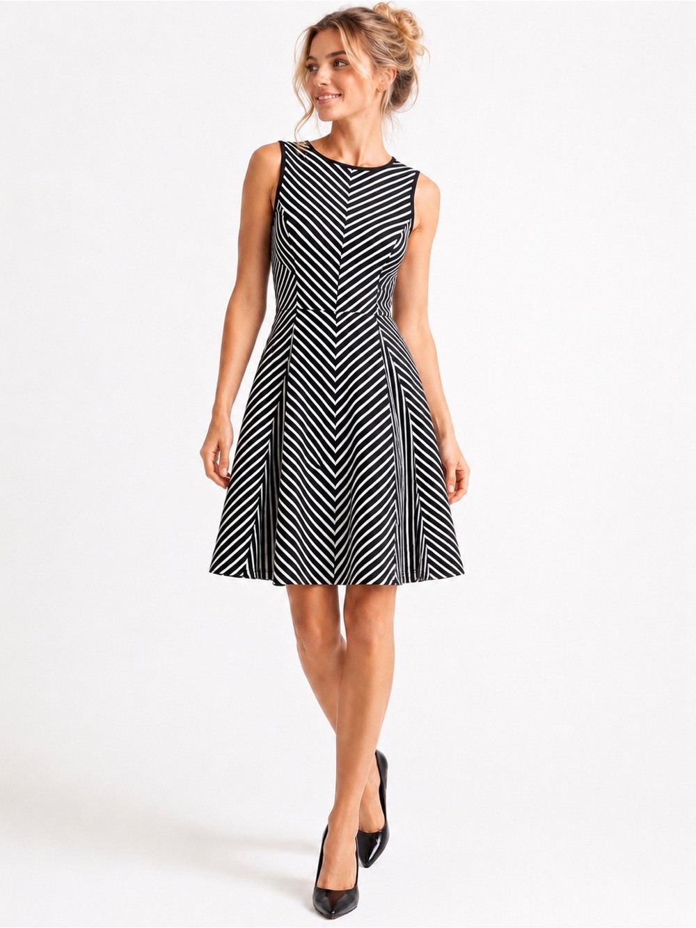 Monteau Black White Striped Fit & Flare Sleeveless Midi Dress Size XS NWT